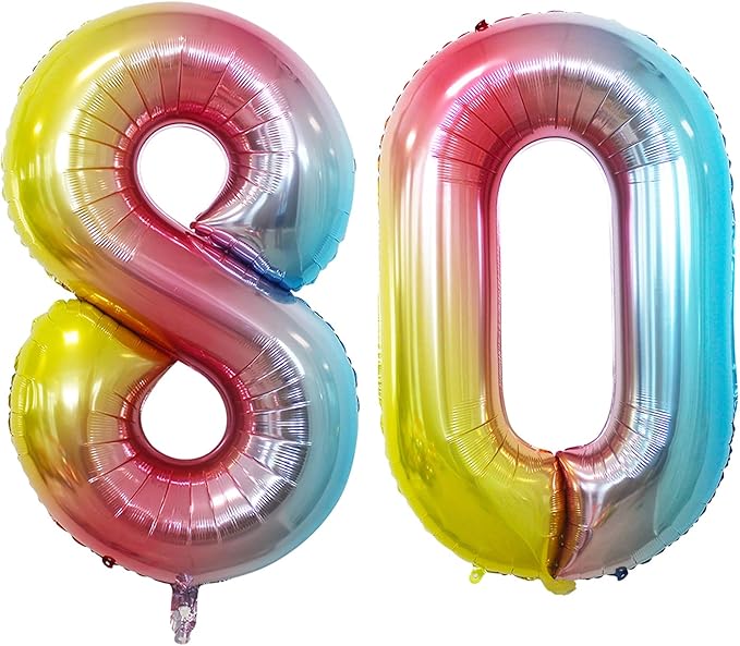 GOER Number 80 Balloons for 80th Birthday Party Decorations,42 Inch Jumbo Foil Helium Balloons for 80th Anniversary (Rainbow)