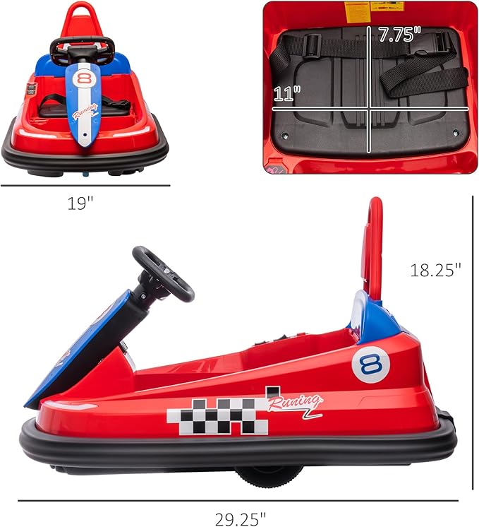 Aosom Toddler Bumper Car, 360° Rotation 6V Kids Electric Ride on Bumper Car with EVA Bumper Edges, Twins Motor, Songs, Horn, LED Lights, Safety Belt for 18-48 Months, Red