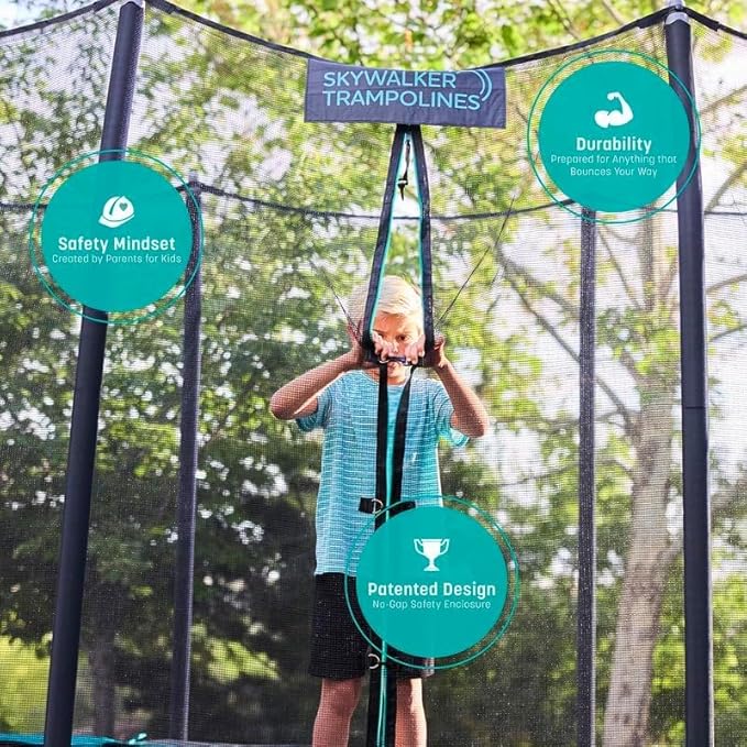 SKYWALKER TRAMPOLINES 12 FT 15 FT Round Trampoline with Safety Enclosure Net, 9 x 15 FT Rectangle Outdoor Trampoline, Recreational Trampoline for Kids