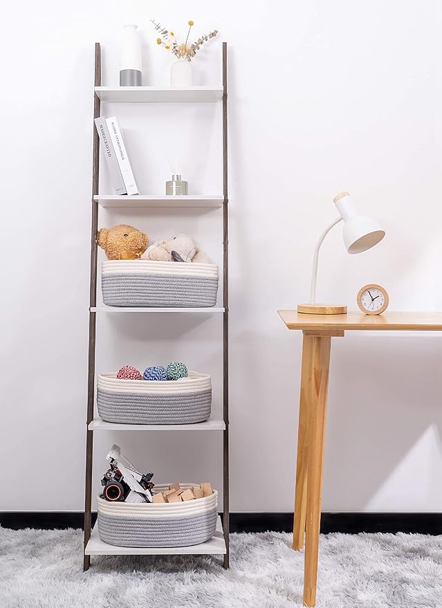 Baskets for Shelf Storage Cute Basket to Store and Organize Household Items/Woven Rope Basket for Living Room, Bedroom,Playroom/Durable Small Oval-13x8.66x5.11’’,3 Packs Off White&Gray