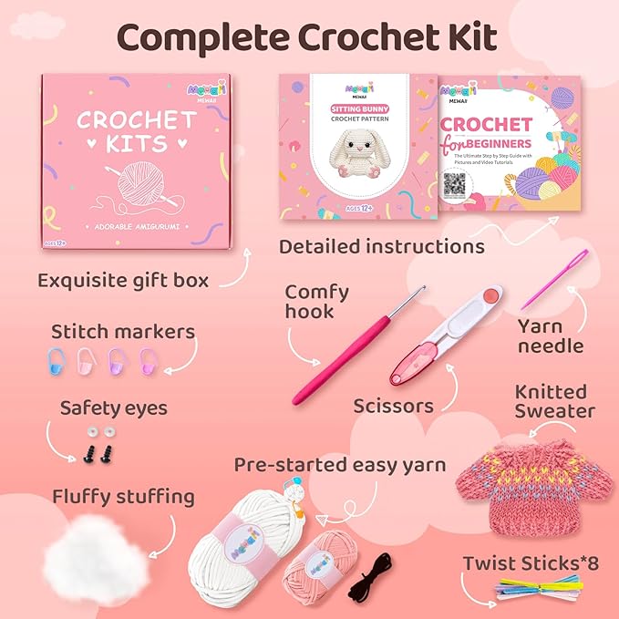 Mewaii Crochet Kit for Beginners Level 1 with 40% Extra Eco-Friendly Pre-Started Easy Yarn, Step-by-Step Video Tutorials for Adults and Kids (Sitting Bunny)