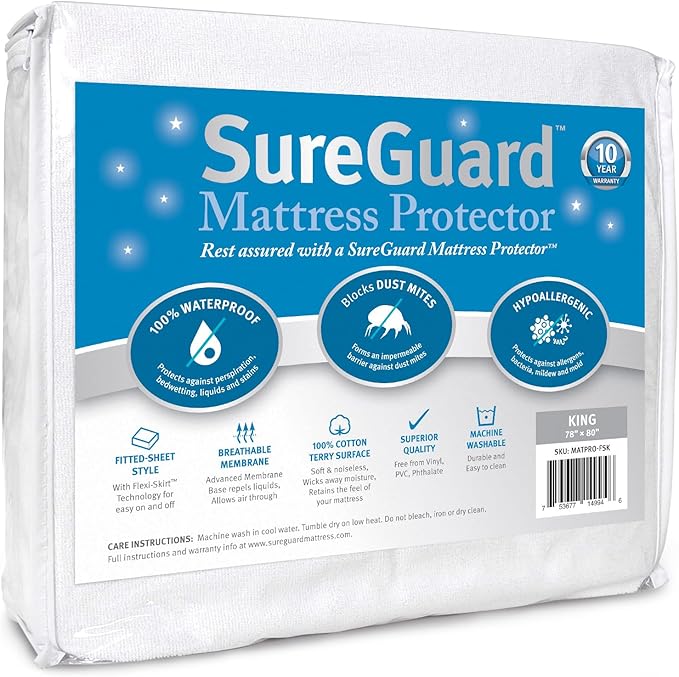 SureGuard King Size Mattress Protector - 100% Waterproof, Hypoallergenic - Premium Fitted Cotton Terry Cover White