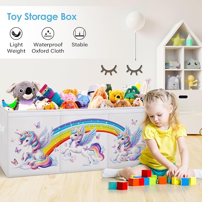 Large Toy Box Chest Organizer with Flip Lid for Kids, Collapsible Oxford Toy Storage Box with Handles for Boys Girls, Sturdy Waterproof Storage Organizer for Bedroom Playroom Nursery, 37.7×12.5×15.7''