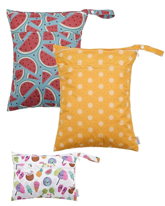 ALVABABY 3 Cloth Diaper Wet Dry Bags Waterproof Reusable with Two Zippered Pockets Travel Beach Pool Daycare Soiled Baby Items Yoga Gym Bag for Swimsuits or Wet Clothes Small medium Large 3L-SML06