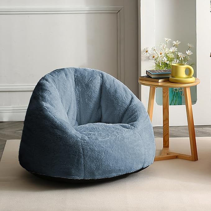 N&V Small Bean Bag Chair for Kids, Children Mini Bean Bag Sack, Foam Filling, Includes Removable and Machine Washable Cover, 27in, Soft Faux Fur (Blue)