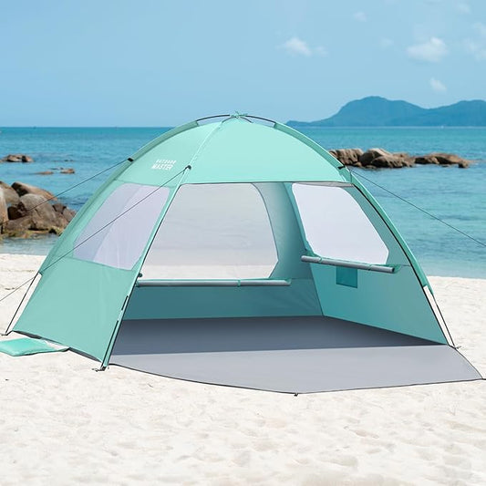 OutdoorMaster Beach Tent for 3/4 Person - Easy Setup Sun Shade Shelter, Portable Beach Shade Sun Canopy with UPF 50+ UV Protection, Removable Skylight Family Size