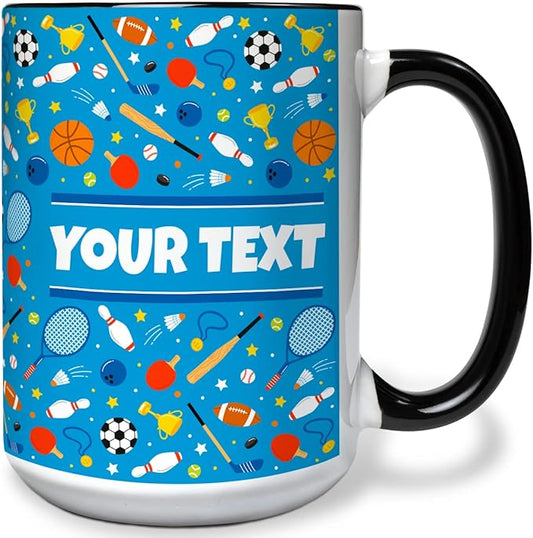 Personalized Mug for Kids - Sports - Custom Name/Text, Ceramic Hot Chocolate/Cocoa/Coffee Cup for Boys/Girls, Birthday/Christmas/Holiday Gift - 15 oz, Black Handle