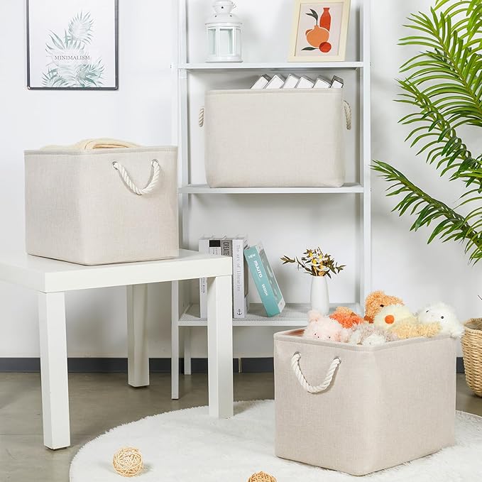 Bidtakay Large Storage Baskets for Shelves 3 Pack Fabric Storage Bins for Organizing Linen Collapsible Organizer for Closet-Light Biege