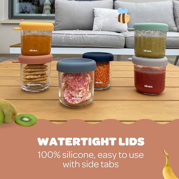 BEABA 8 oz Glass Baby Food Jars with Soft Silicone Air Tight Lids, Glass Storage Containers with Lids, Microwave and Freezer Safe Containers, Terracotta
