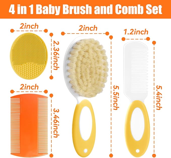 Baby Hair Brush and Comb Set, 4Pcs Baby Soft Bristles hairbrush Cradle Cap Brush Hair Comb for Newborns Toddlers Boys Girls (Yellow)