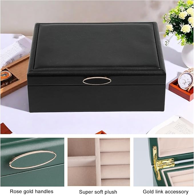 Small Jewelry Organizer for Women, 2-Layer Travel Jewelry Box with Portable Case, Necklace Ring Storage for Dresser, Girls Teens Gifts (Black)