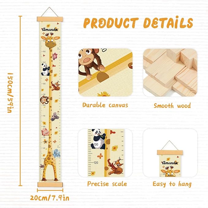 Customize Name Growth Chart Wall, Funny Giraffe Premium Canvas Removable Height Chart for Kids, Height Measurement for Wall, Unisex Kids Room Wall Decor, Measuring Height Charts