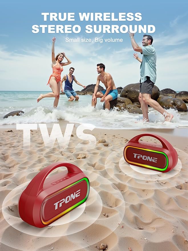 TPone Portable Bluetooth Speaker, 30W (Peak) Wireless Speaker for Outdoor, Up to 12H Playtime, IPX5 Waterproof with Light, TWS Pairing, for Home/Party/Outdoor/Beach, Birthday Gift (Red)
