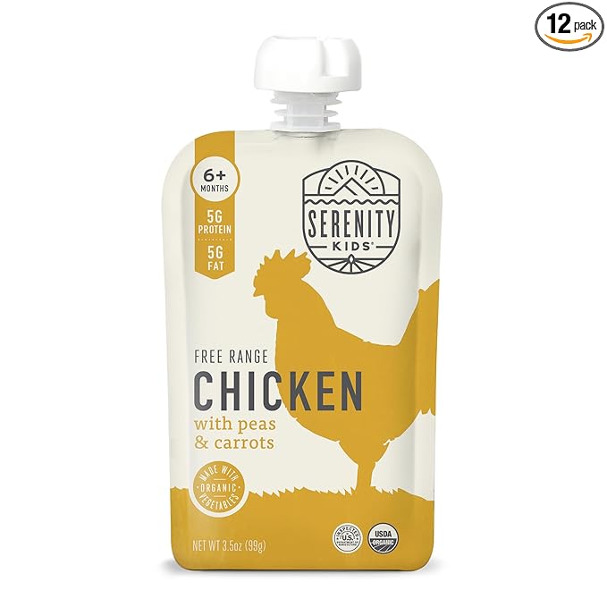 Serenity Kids 6+ Months Baby Food Chicken Pouch Puree - Ethically Sourced Free-Range Chicken & Organic Peas & Carrots - No Added Sugar & Protein-Rich & BPA-Free Toddler Food - 3.5 Oz, 12 Pack