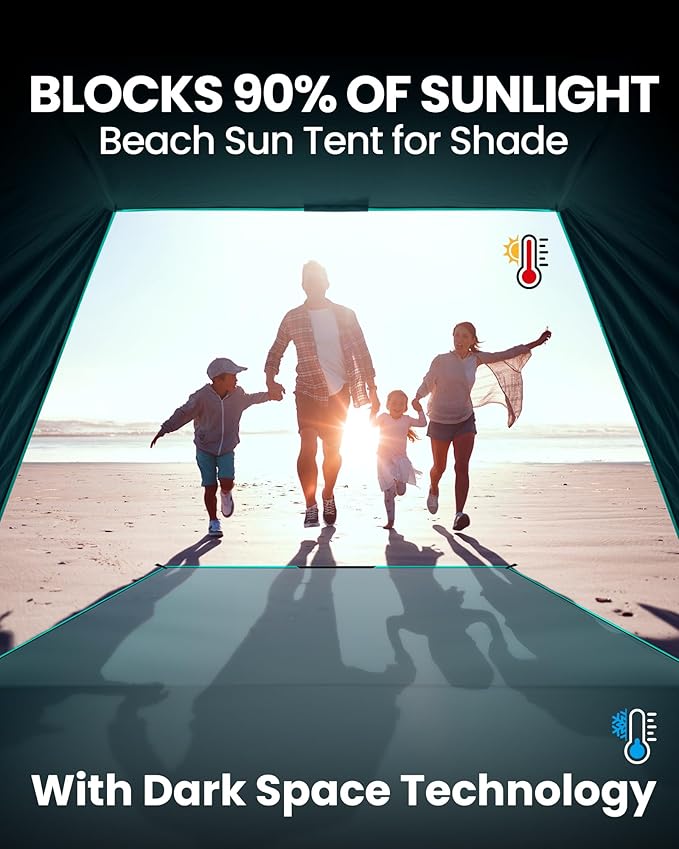 OutdoorMaster Beach Tent with Blackout Shelter Technology, Portable Beach Shade Sun Shelter Canopy for 4-6 Person with UPF 50+ UV Protection, Easy Setup Pop Up Tent Family Size