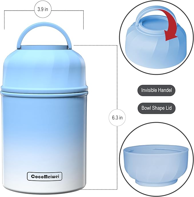 Soup Thermo for Hot Food & Drinks, Thermo Lunch Box for Kids, 17oz Vacuum Insulated Food Container with Spoon&&Drawstring Bag, Soup Therm for Adults, Blue&White