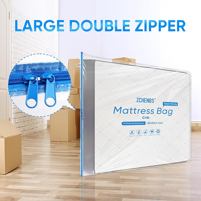 ZCHENBS® – Mattress Bags for Moving and Storage,Mattress Bag with Zippers,5 Mil Ultra-Thick Bed Bag,Waterproof,Anti-Tear,Heavy-Duty Mattress bag (Transaparent/Blue, Crib-(1 Pack))