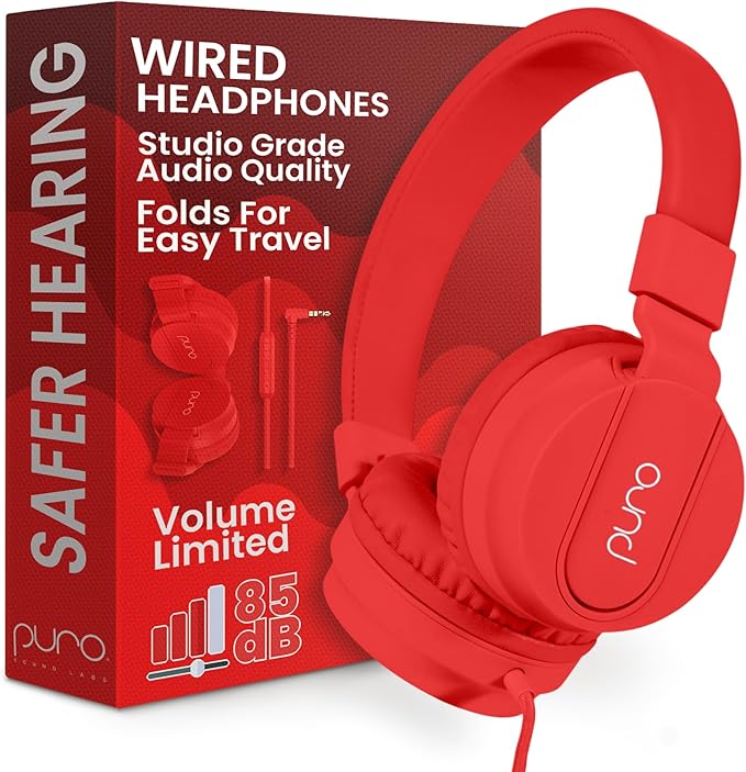 Puro Sound Labs PuroBasic Wired Headphones for Kids - Volume-Limiting & Adjustable with Microphone – Compatible with Smartphones, Tablets, PCs, and More – Safe, Durable Headphones for Kids – Red