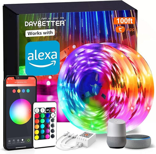 DAYBETTER Smart WiFi Led Lights 100ft, Tuya App Controlled Led Strip Lights, Work with Alexa and Google Assistant, Timer Schedule, Color Changing Led Lights for Bedroom Party Kitchen