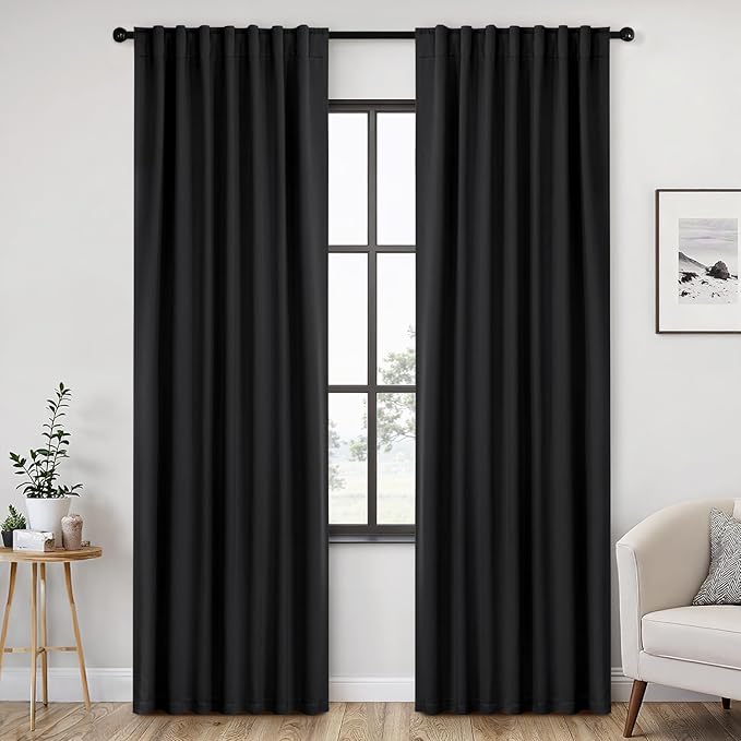 ANRODUO Back Tab Blackout Curtains for Bedroom Living Room, Rod Pocket Pinch Pleated Thermal Insulated Room Darkening Curtains 84 Inches Long 2 Panels, Black, 52 x 84 Inch