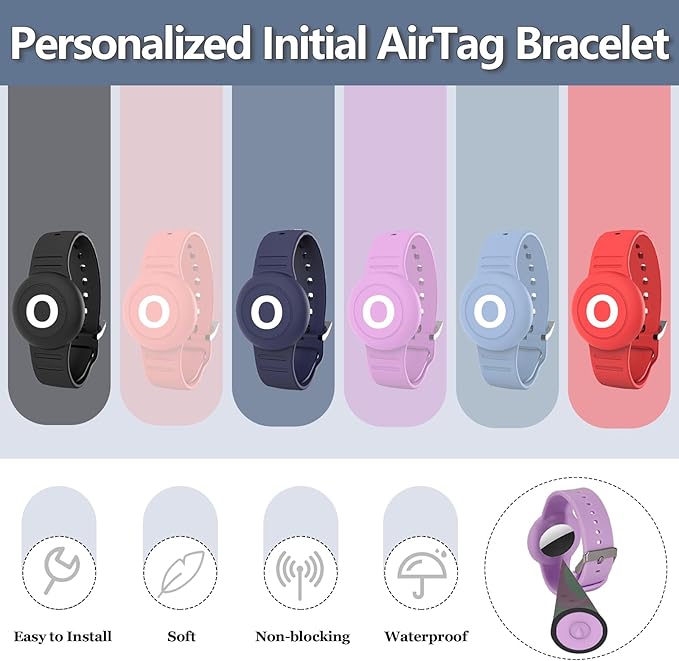 Waterproof Bracelet for AirTag Kids, Personalized Initial Letter Hidden Holder Compatible with Air Tag, Silicone Case for Airtag Adjustable Anti-Lost GPS Tracker for Toddler Child Elder, O