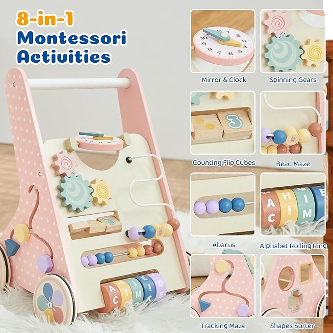 Baby Push Walker for Baby Boy 6-12 Months, Wooden Baby Walker Push Toy, Learning to Walk, Baby Walkers for Girls, Montessori Walker Toy with Wheels