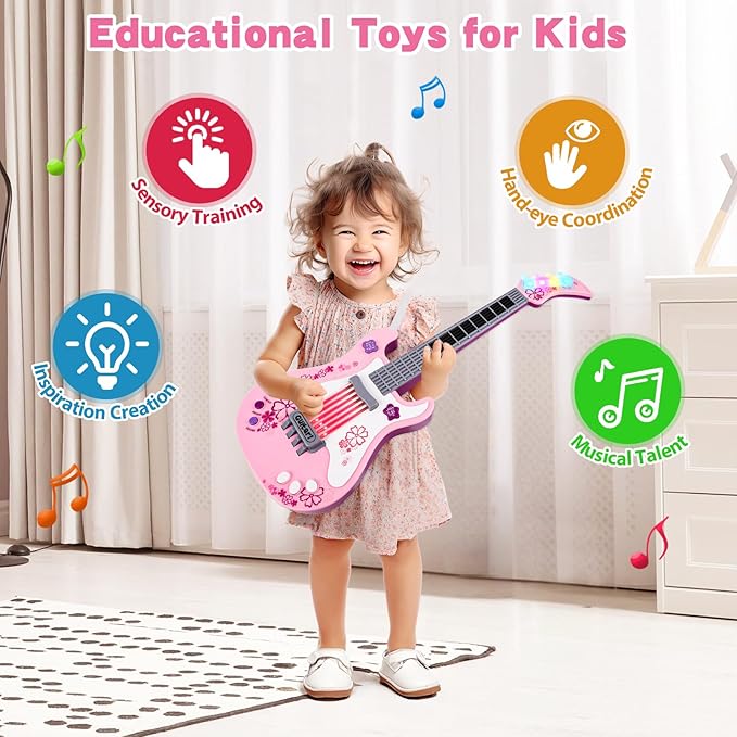 M SANMERSEN Kids Guitar for Girl Music Toy Electric Pink Guitars with Strap for Kid Toddler Musical Instrument Toys for 3 4 5 Year Old Girls Gifts