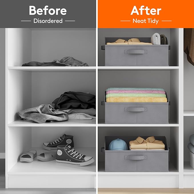 Lifewit Storage Baskets for Shelves, 6 Packs Non-woven Fabric Trapezoid Closet Organizer Bins with Handles, Foldable Clothing Containers Box for Clothes, Toy, Towel, Book, DVD, Hats, Medium-Grey