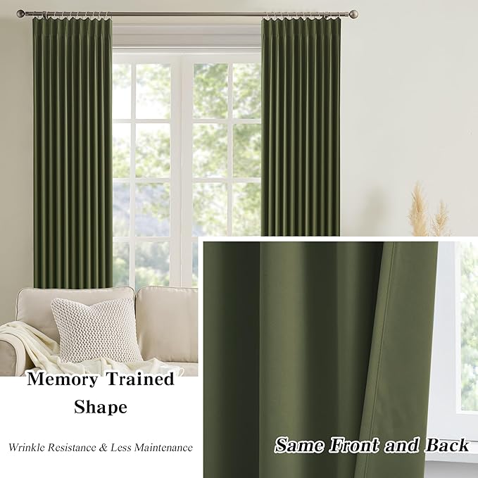 KEQIAOSUOCAI Dark Olive Green Blackout Curtains 102 Inches Long, Christmas Home Decoration Pinch Pleated Room Darkening Drapes for Bedroom Living Room,40" W x 102" L,2 Panels