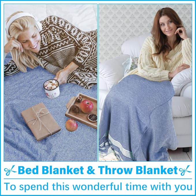 Oversized Turkish Beach Towel Blanket XXL Cotton Sandproof Towels Boho Woven Extra Large Big Sand Free Giant Throw Thick Blankets Huge Quilt XL Picnic Camping Necessities Cloud For Adult Gifts Blue