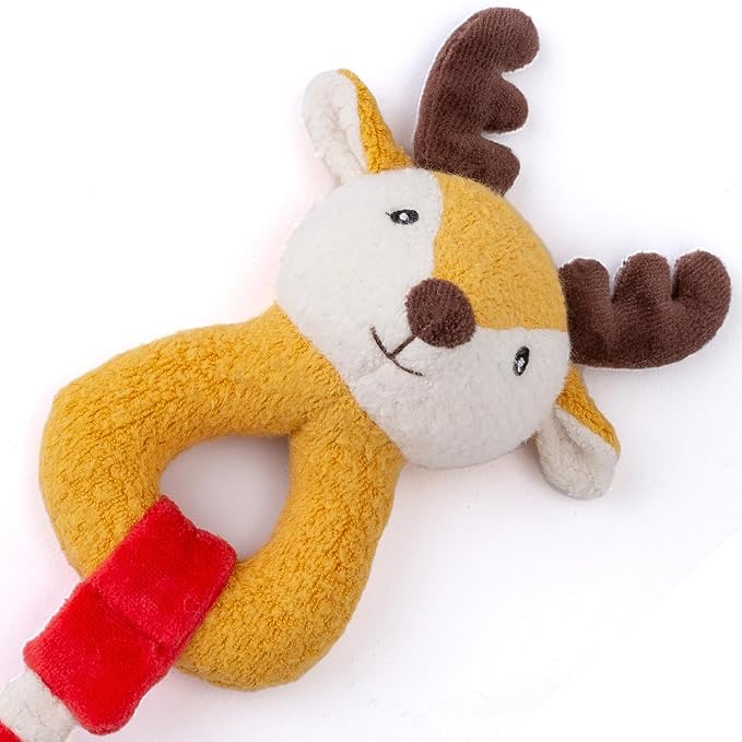 Organic Cotton Stuffed Animal Rattle Baby Toys, Plush Deer Cuddle Cloth and Hand Grip Ring Rattles Plush Toy Set for Newborns Infant Boys Girls, 2 PCS