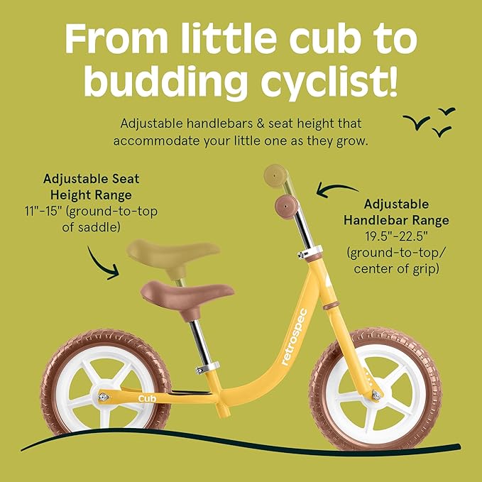 Retrospec Cub Toddler 12" Balance Bike, 18 Months - 3 Years Old, No Pedal Beginner Kids Bicycle for Girls & Boys, Flat-Free Tires, Adjustable Seat, & Durable Frame