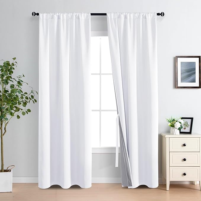 XWZO White Blackout Curtains with Tiebacks - Rod Pocket Heat and Full Light Blocking Window Panels for Bedroom/Nursery, 84 Inches Long Thermal Insulated Draperies, White, W42 x L84, Set of 2
