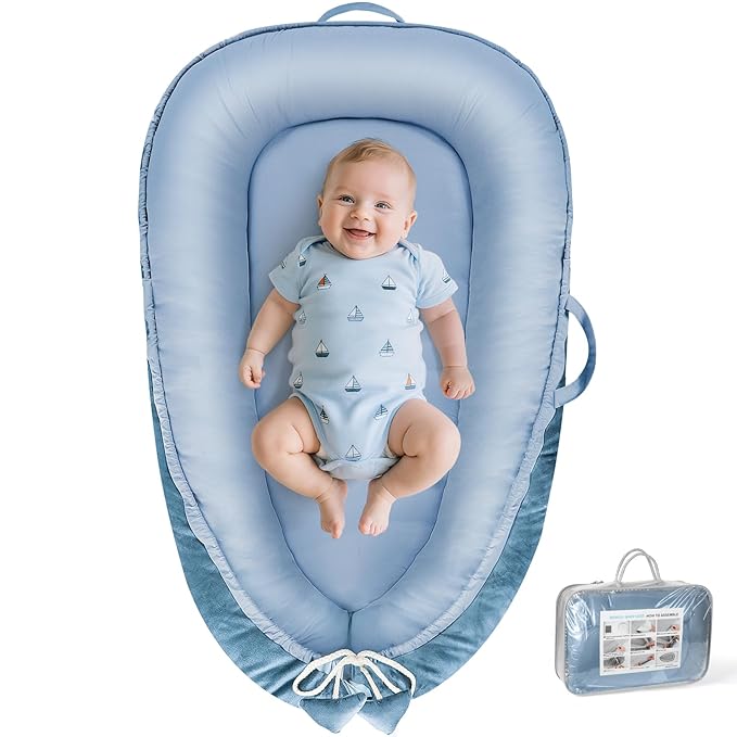 Baby Lounger - Baby Lounger for Newborn 0-24 Months, Breathable & Soft Cotton and Velvet Cover Baby Nest, Portable Tummy Time Lounger for Home and Travel, Ideal Baby Essentials & Shower Gifts