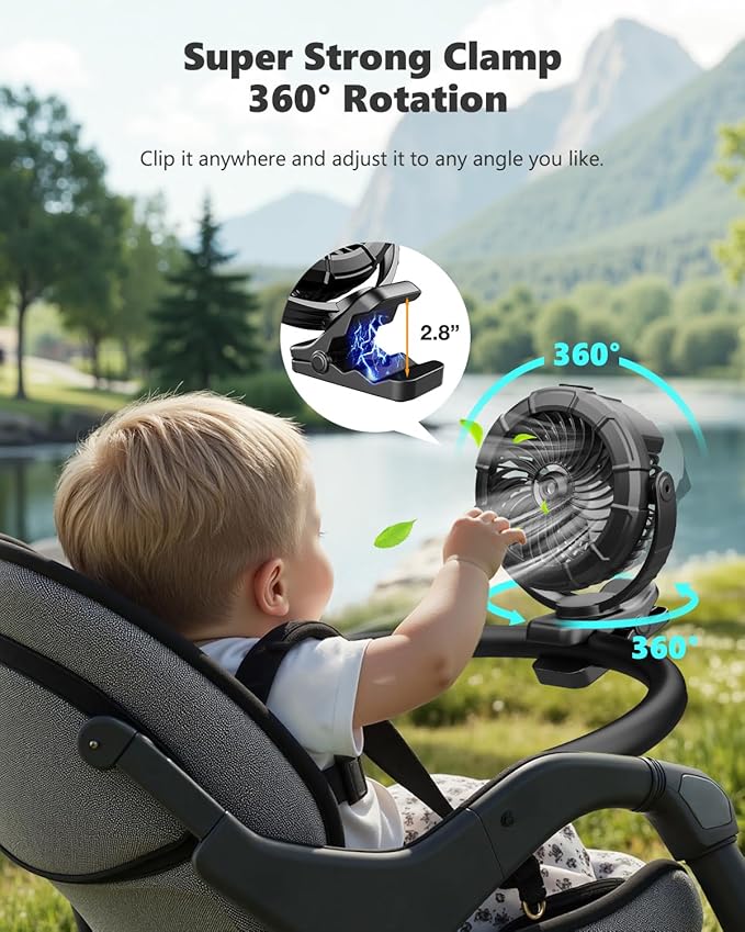 Ausic 3-in-1 Portable Clip on Fan with Misting & LED Lights & Hook, 100ML Baby Stroller Fan, 5200mAh Rechargeable Battery Operated & 360° Rotation & 3 Speeds for Table Outdoor Travel Camp Golf Cart