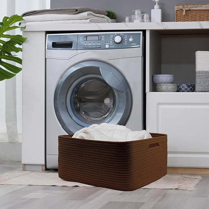 COMFY-HOMI Cotton Rope Woven Basket with Handles for Shelves,Toys,Book, Cloth Storage Baskets for Organizing-17" x 13" x 7.5" Toy Decorative Organizer for Living Room, Bathroom （dark brown）