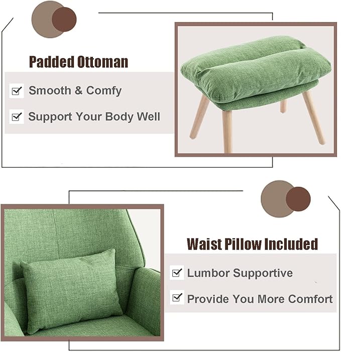 Rocking Chair with Ottoman and Pillow, Glider Rocker Chair, Accent Arm Chair Lounger for Living Room/Bedroom/Nursery, High Back, Solid Hardwood Base, Green