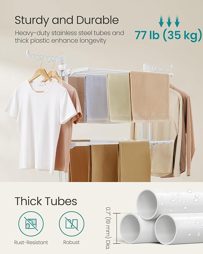 SONGMICS Clothes Drying Rack Stand 4-Tier, Foldable Laundry Drying Rack 68.1-Inch Tall, Stainless Steel, Rolling Clothes Horses Dryer Rack, Easy to Assemble, Indoor Outdoor Use, Cloud White ULLR701W03