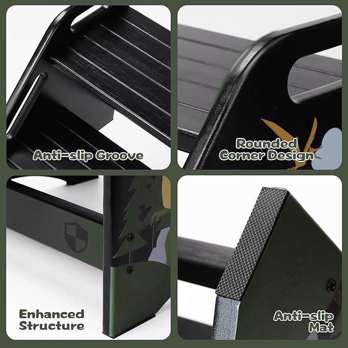 AMBIRD Toddler Step Stool, Dinosaur Wooden Two Step Stool for Kids with Non-Slip Pads, Portable Potty Training Stool with Handles for Bathroom, Sink, Kitchen, Bedroom