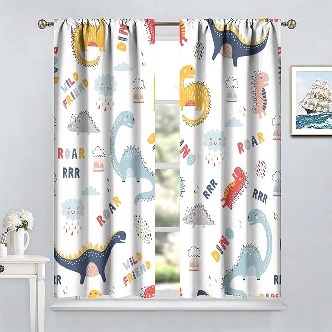 Cartoon Dinosaur Curtains for Kids Boys Girls Home Decor Colorful Cute Dino Animals Print Pattern Rod Pocket Blackout Window Drapes for Nursery Baby Bedroom Playroom W21xL63in 2 Panels