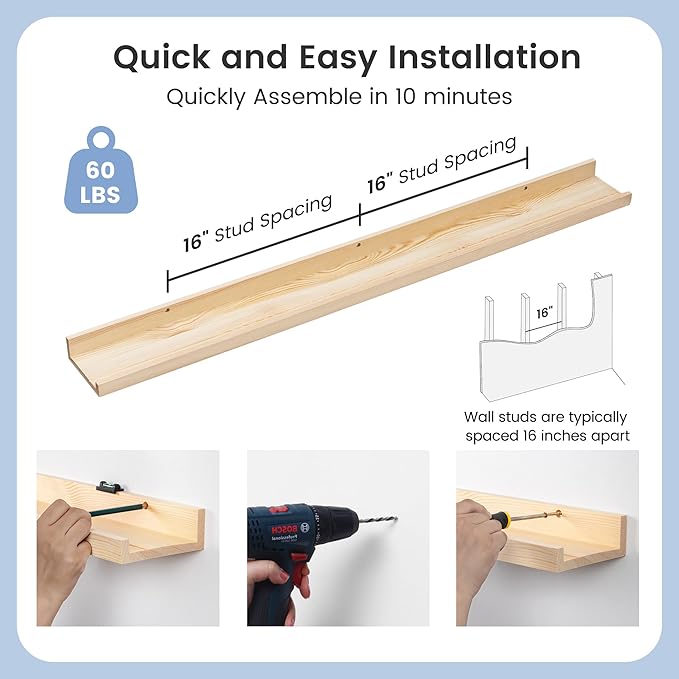 Picture Ledge Shelf for Wall, 48 inches Solid Pine Wood Nursery Book Shelves 3 Packs, Floating Ledge Shelves for Kids' Room Bedroom Bathroom Long Floating Shelves for Wall Nursey Wall Decor, Natural