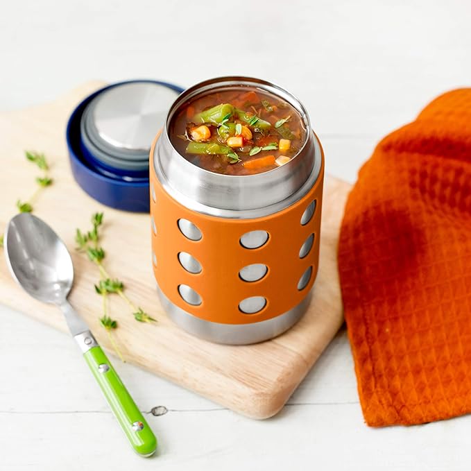 LunchBots Thermal 12 oz Triple Insulated Thermos - Hot 6 Hours or Cold 12 Hours - Leak Proof Thermos Soup Jar - All Stainless Interior - Navy Lid - Orange Dots