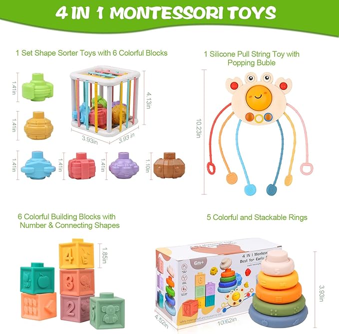 Montessori Toys for Babies 6-12 Months, 4 in 1 Soft Baby Teething Toys, Stacking Building Blocks & Rings for Infants, Sensory Bin Toy