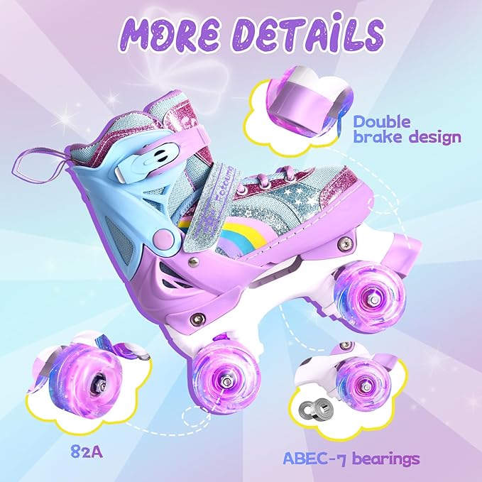 Rainbow Toddler Roller Skates - Size 4 Adjustable | Light Up Quad Skates for Girls & Boys Beginners Aged 3-12