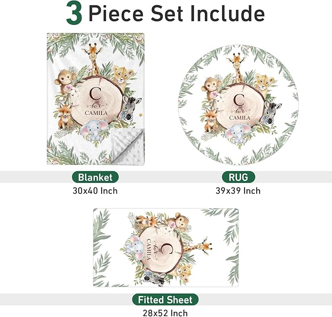 Personalized Baby Crib Bedding Set - Custom Name Animals and Forests 3 Pcs Set - Soft Blanket with Double Layer Dotted Backing, Fitted Sheet, Room Rug for Newborns Boys Girls Shower Gift