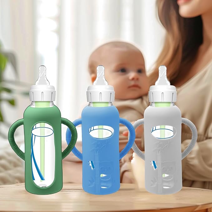 BUSOHA 3 Pack Silicone Sleeves for Dr. Brown's Glass Baby Bottles - Drop Protection Baby Bottle Sleeves Compatible with Dr. Brown's Newborn Glass Bottles with Silicone Handles,8 oz