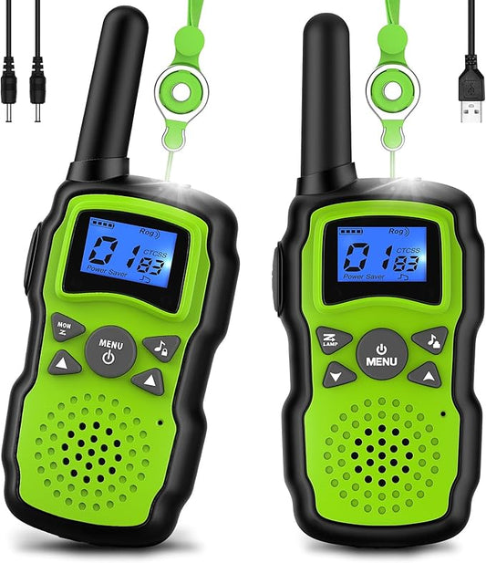 Wishouse Walkie Talkies for Kids Rechargeable Long Range,4 5 6 7 8 Year Old Boy Girl Birthday Gift,Camping Games Cool Toys Ideas for Children with 6000mAh Batteries,Flashlight,Lanyard,2 Pack Green