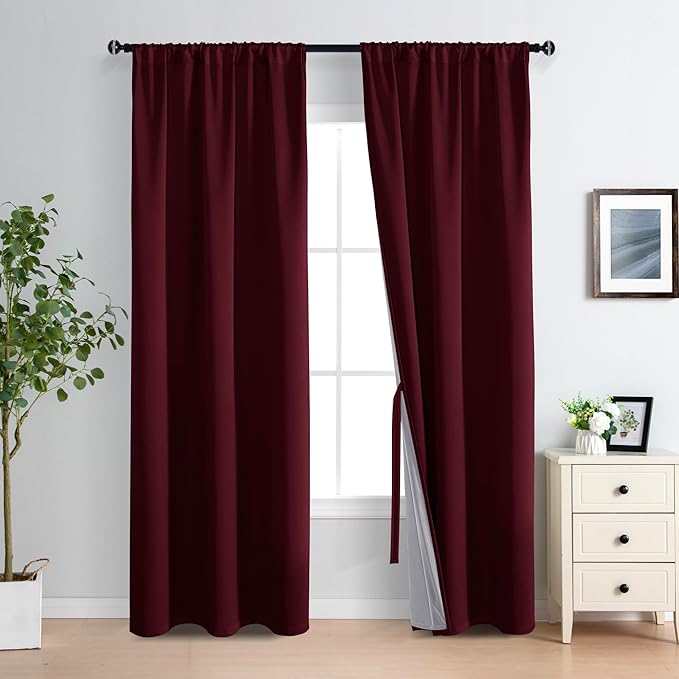 XWZO 100% Blackout Curtains with Tiebacks- 2 Thick Layers Completely Shaded Window Treatment，Rod Pocket Thermal Insulated Lined Drapes for Bedroom/Patio Door, Burgundy, W42 x L84, Set of 2 Panels