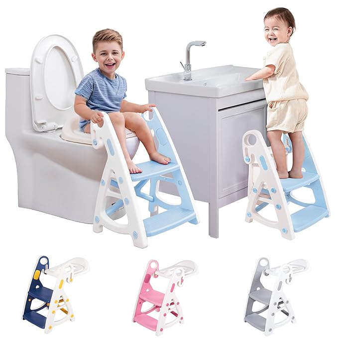 Potty Training Seat:2 in 1 Design Potty Seat for Toilet & Nursery Step Stool for Sink, Potty Training Toilet with Height Adjustable Ladder for Kids of All Ages (Arctic)