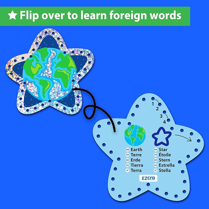 Premium Foil Edge Lacing Cards for Kids Ages 3-6 | 5 Double-Sided Space Sewing Cards with Multilingual Learning | Durable Cardboard Fine Motor Skills Activity Kit